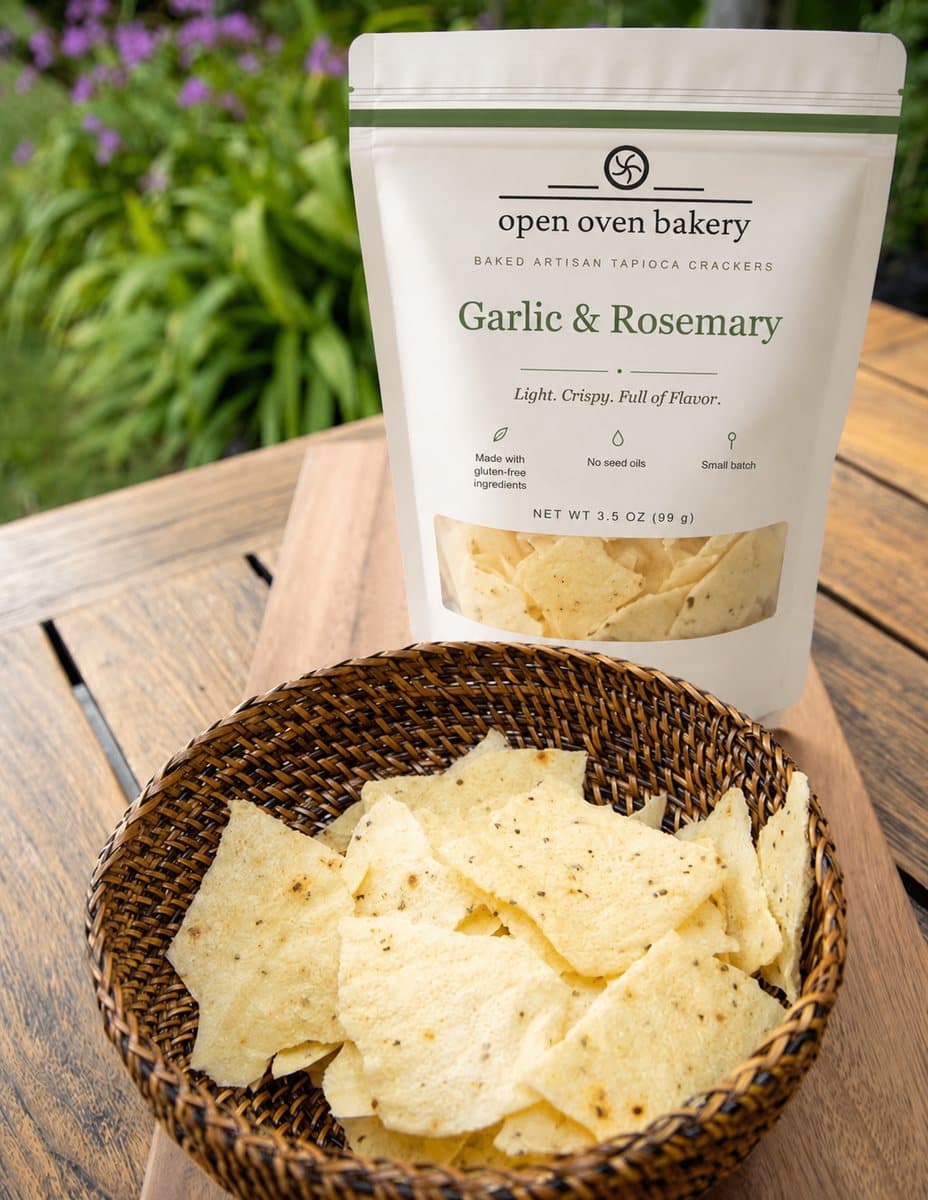 A bag of Open Oven Garlic & Rosemary tapioca crackers beside a woven basket piled with crackers